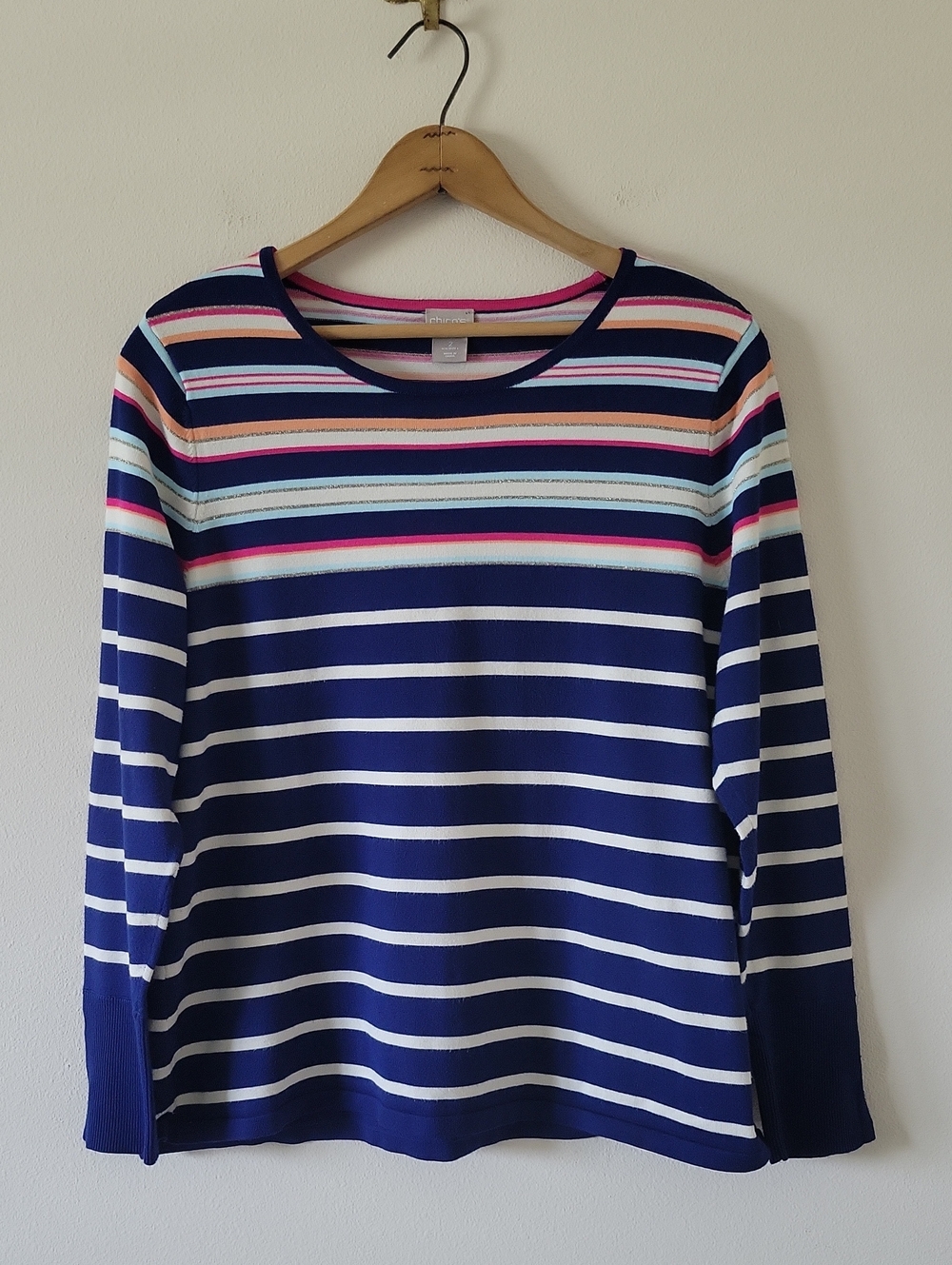 Chico's Blue‎ Striped Long Sleeve Sweater Size Large